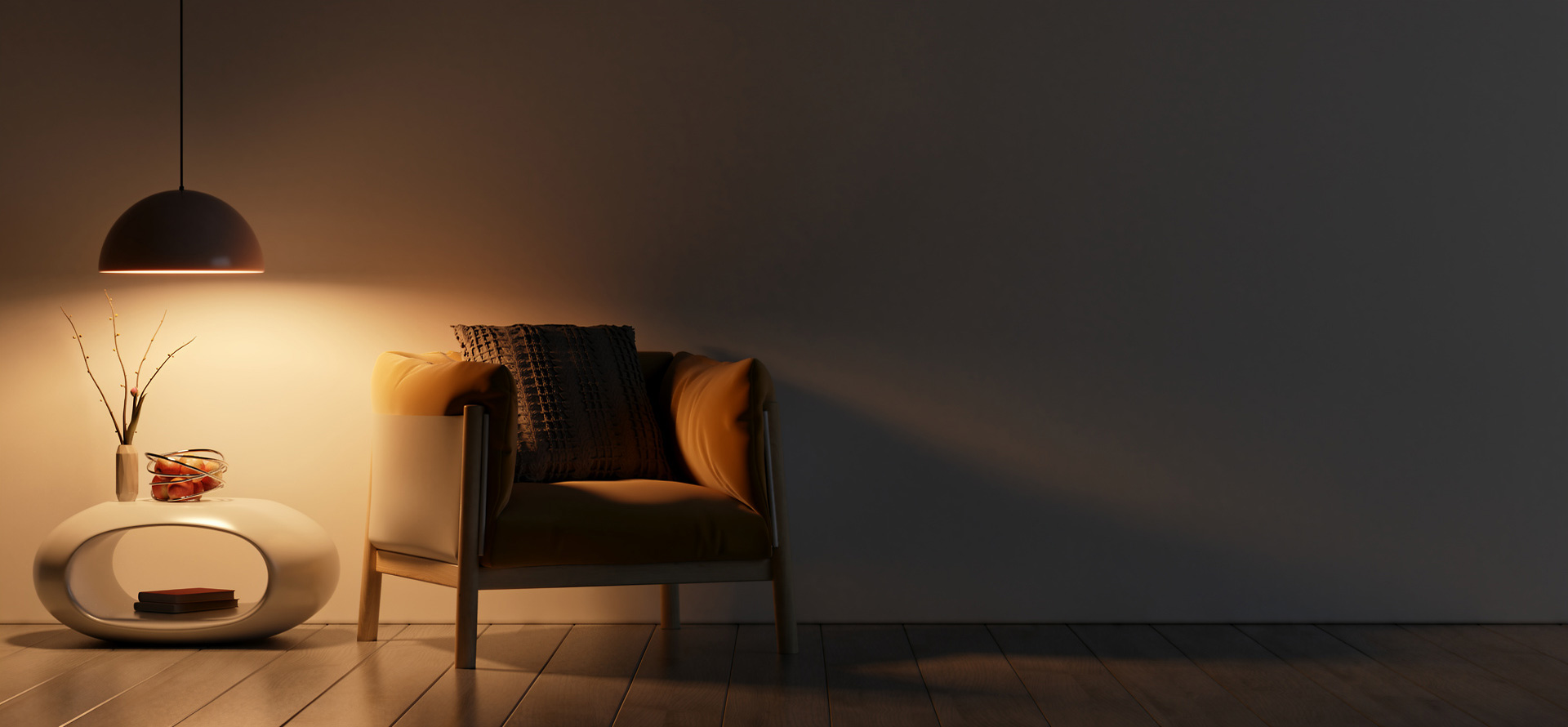 Elegant living room with lamp lit